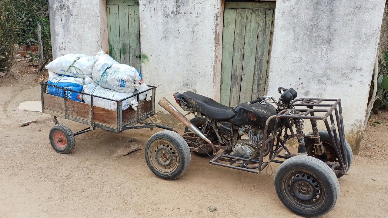 Quadriciclo caseiro primeiro teste puxando carretinha reboque carregado 