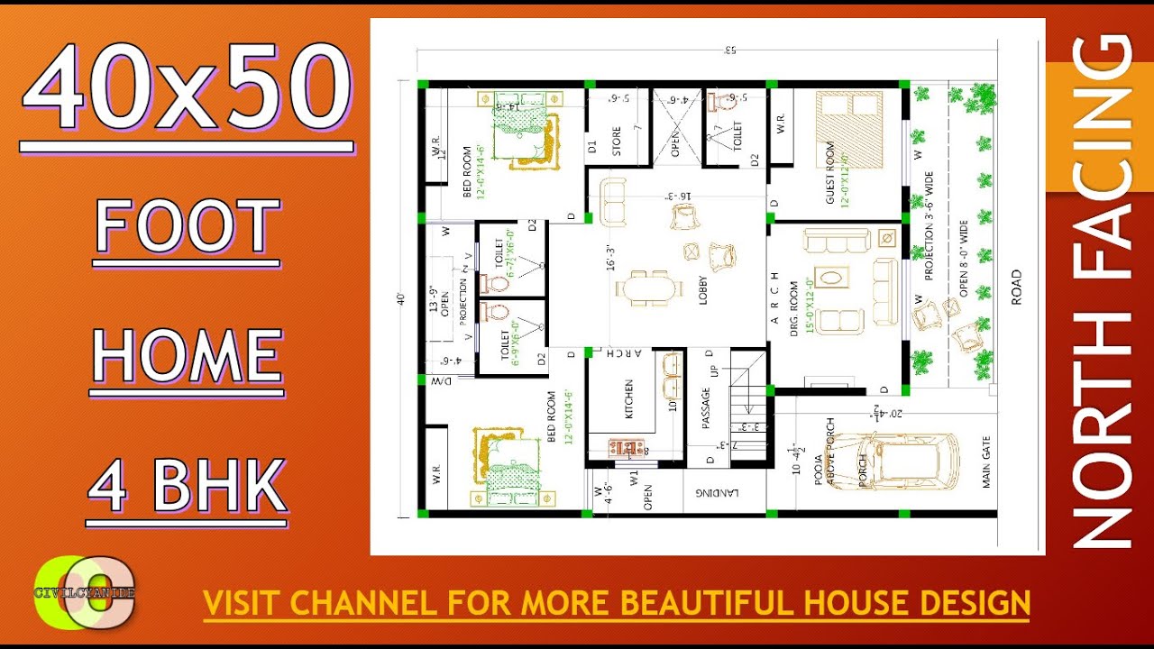40x50 Foot Modern House Plan II Front Garden II Big Car Porch II 4 BHK II Big Size Dinning Hall