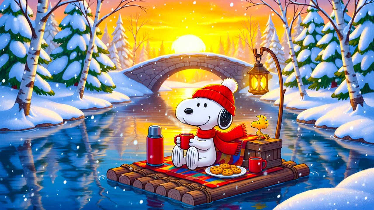 Snowy River Evening Lofi ❄️ Snoopy Floating on a Snowy River | Chill Beats to Relax, Study & Sleep