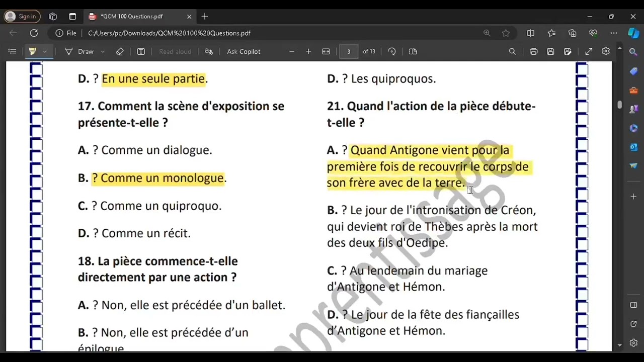 QCM partie 1 - 100 questions réponses sur Antigone par Jean Anouilh #1bac