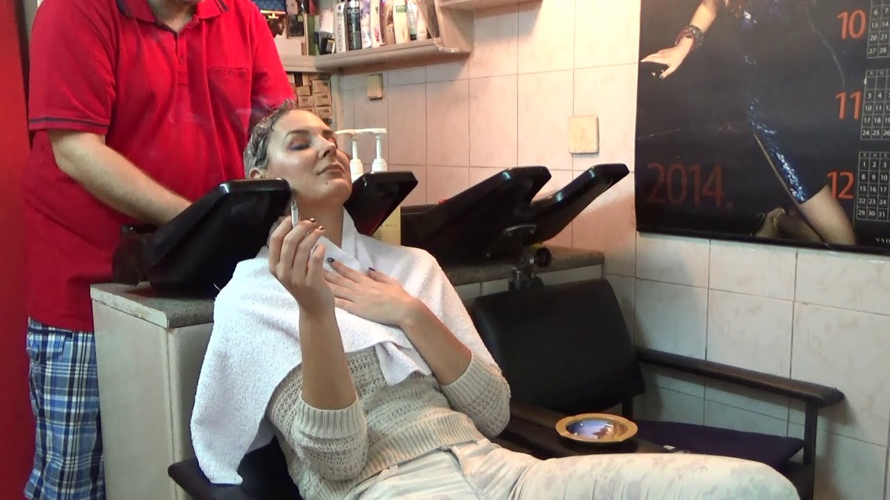 6196 Angelina smoking shampooing by barber, cut&style TRAILER