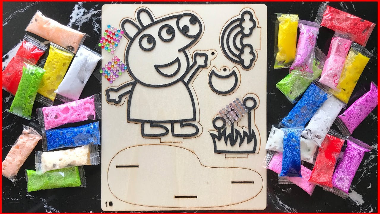 TÔ MÀU HEO PEPPA BẰNG SLIME BỌT XỐP, TRANH GỖ 3D - PAINTING PEPPA PIG WITH SLIME SO FUNNY (ChimXinh)