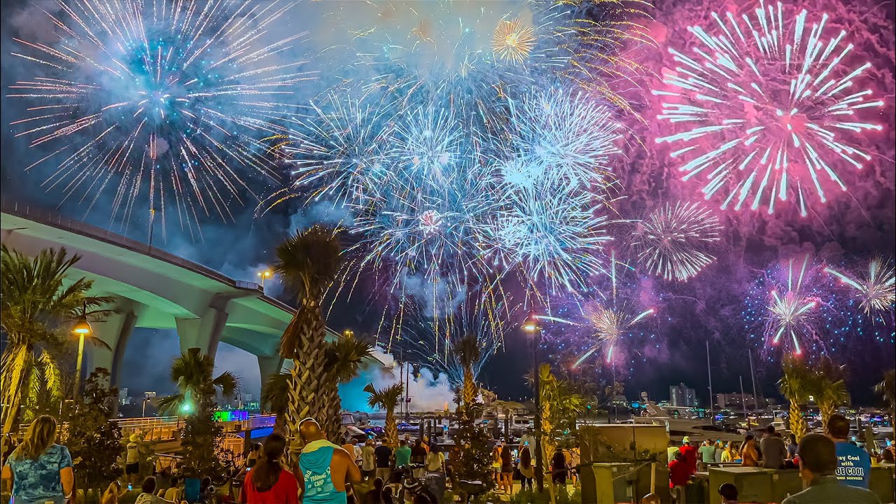 4th of July Fireworks. Clearwater Florida. Independence Day United States 4K HDR Walking Tour