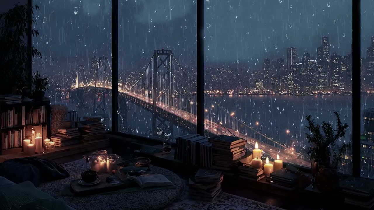 Rain Outside the Window at a Quiet Coffee Shop with Calm Ambience for Stress Relief