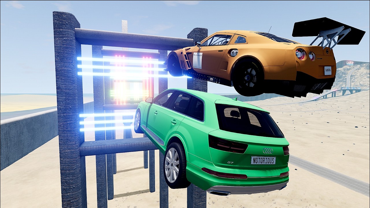 Cars vs Laser Cut Ramp Parkour Jump #6 – Realistic BeamNG Drive Physics Test