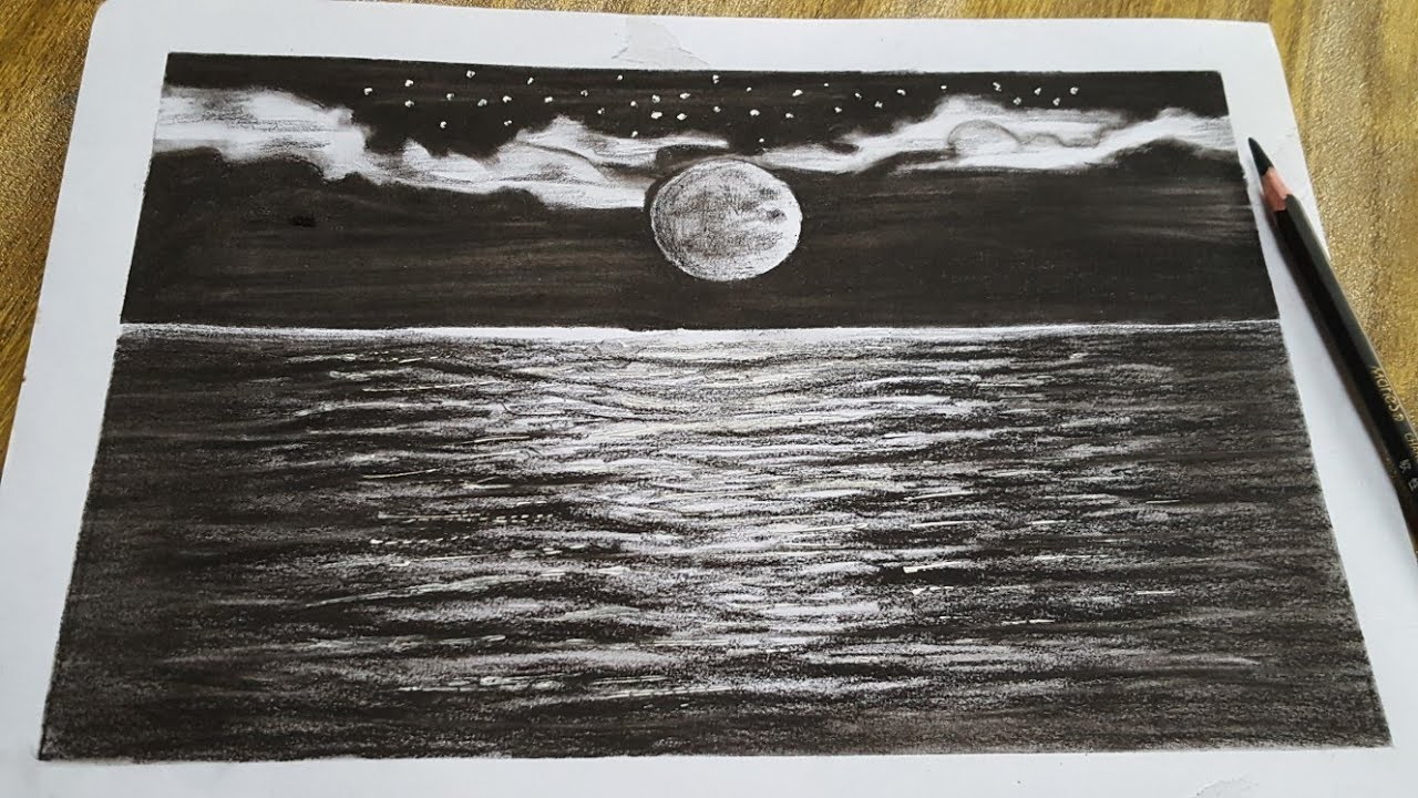 Ocean with full moon sketch/charcoal pencil sketch/Easy charcoal pencil sketching