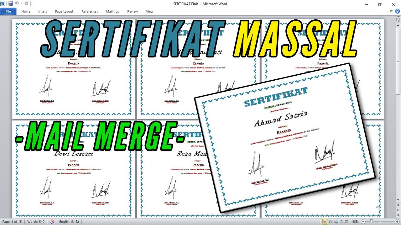 Cara Membuat Sertifikat Massal Otomatis dengan Mail Merge di Ms Word | Tutorial Ms Word