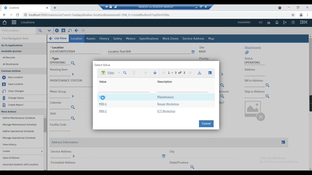 Test Case 1: How to create Location in Maximo