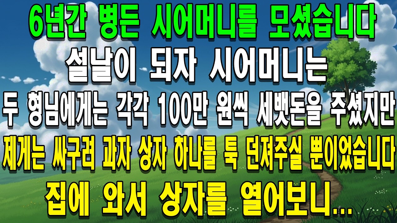 6년간 병든 시어머니를 모셨습니다. 설날이 되자 시어머니는 두 형님에게는 각각 100만 원씩 세뱃돈을 주셨지만, 제게는 싸구려 과자 상자 하나를 툭 던져주실 뿐이었습니다