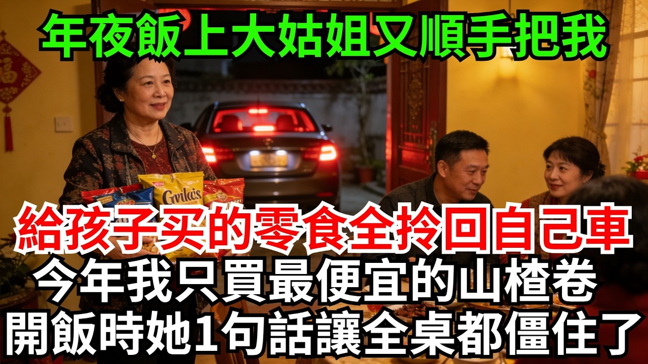 年夜飯上大姑姐又順手把我，買給孩子的進口零食全拎回自己車裏，今年我故意只買最便宜的山楂卷，開飯時她一句話讓全桌都僵住了#完結故事#情感故事#爽文#婆媳關系#家庭生活#故事頻道#故事分享#情感