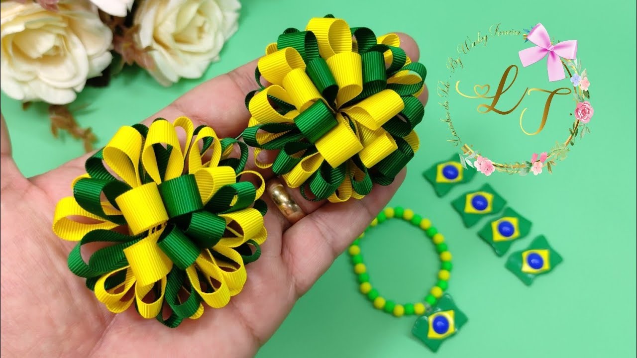 Pompom de fita. Dica para copa do mundo. #diy #ribbon