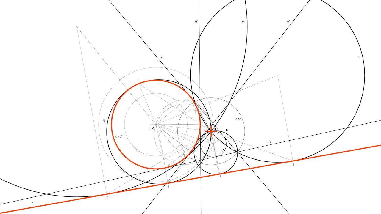 Circunferencias tangentes a otra y a 1 recta pasando por 1 punto exterior  (Apolonio CRP) Inversión