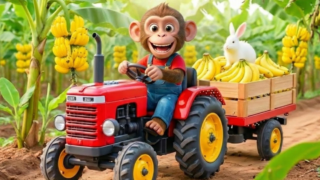 Monkey Drives Tractor to Harvest Bananas and Rescue Baby Rabbits on the Farm