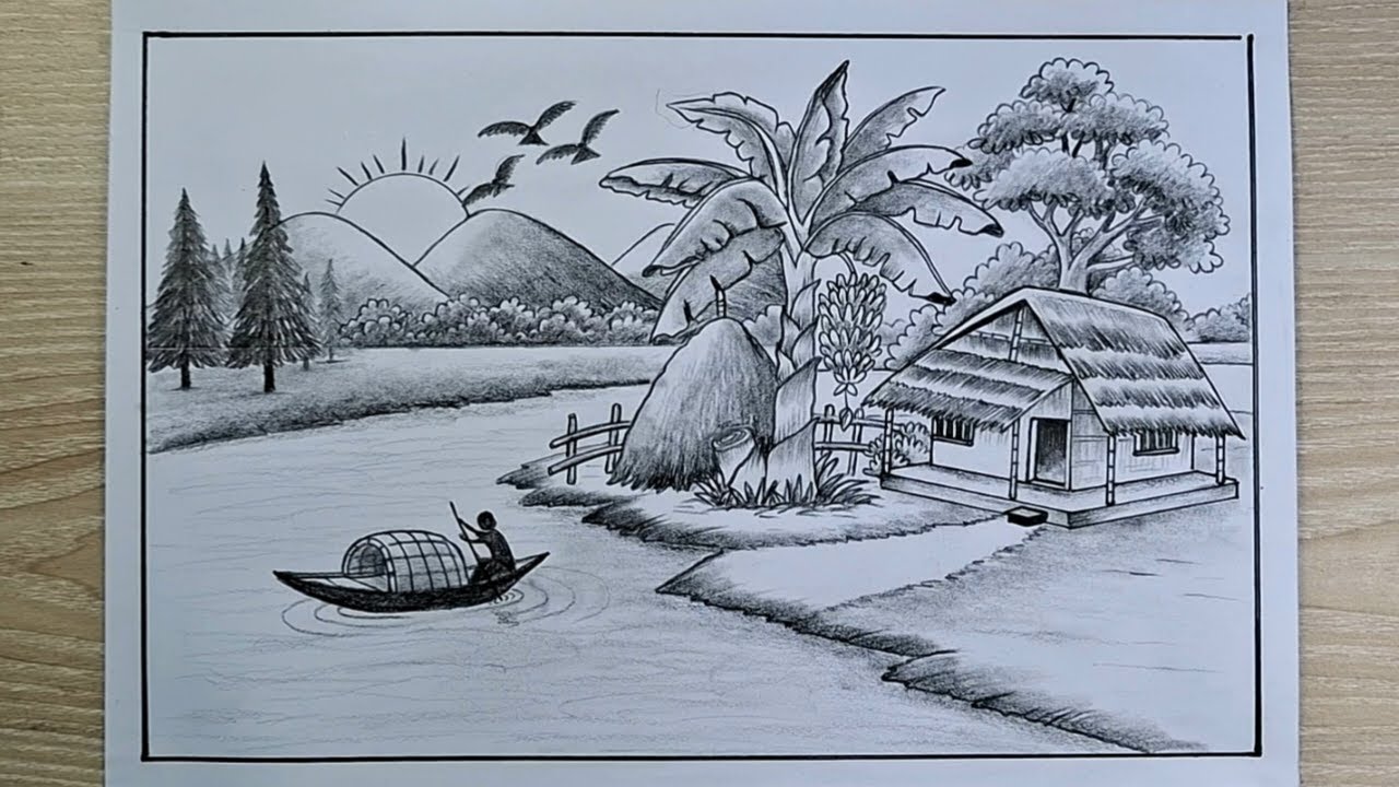 How to Draw Riverside Village Scenery || Easy Beautiful Nature  Landscape drawing for Beginners