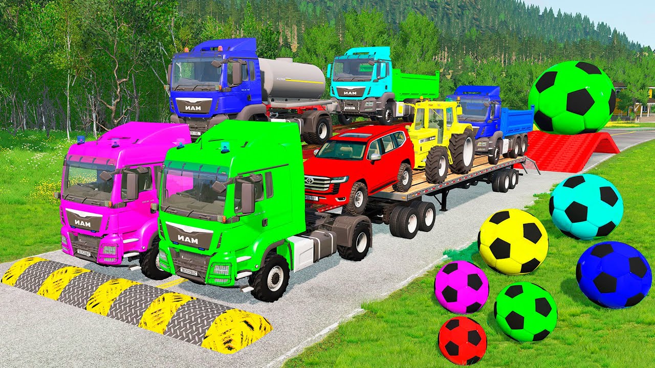 Flatbed Trailer McQueen Transportation with Truck - Speedbumps vs Cars vs Train - BeamNG.Drive #18
