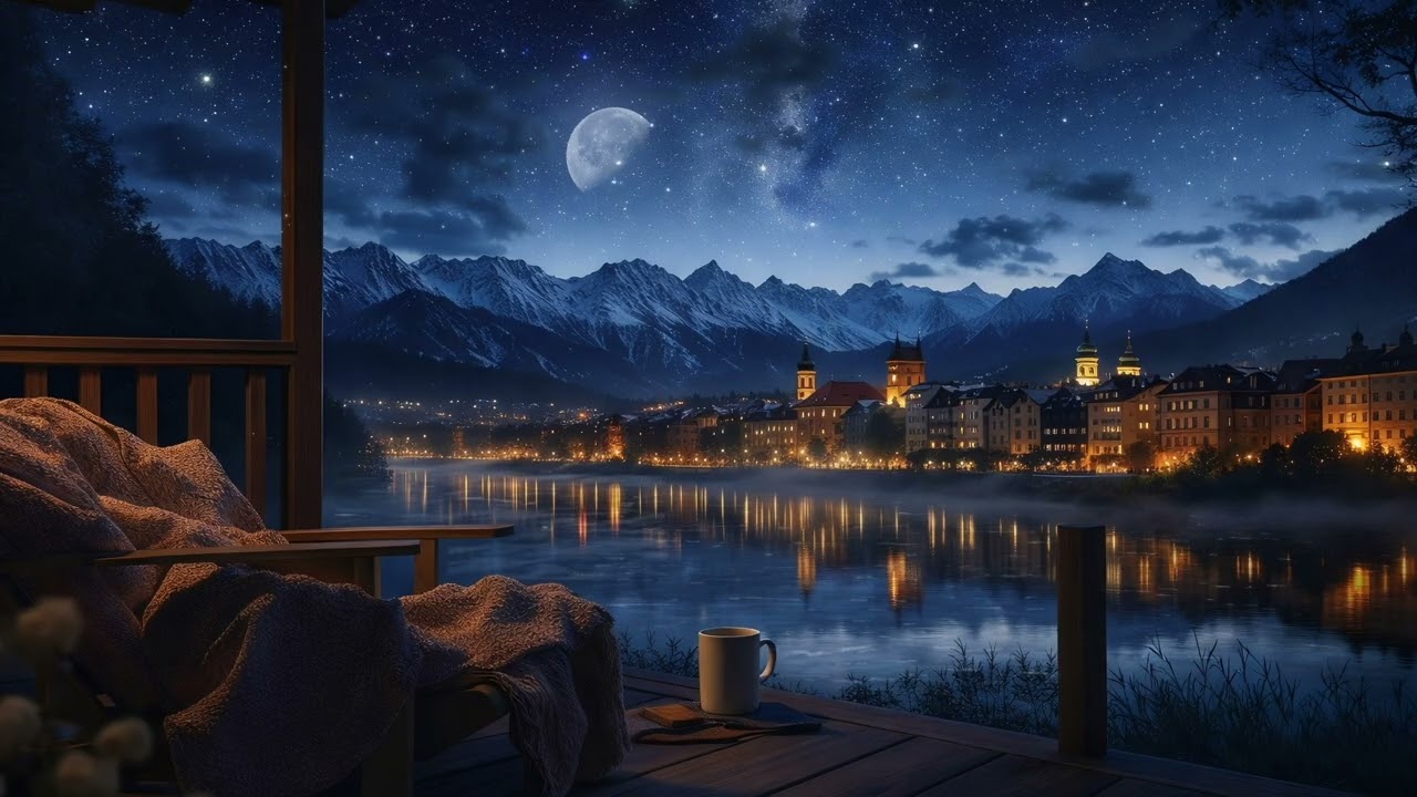 Calm River Flow in a Mountain City 🌙 Cozy Night Balcony Ambience