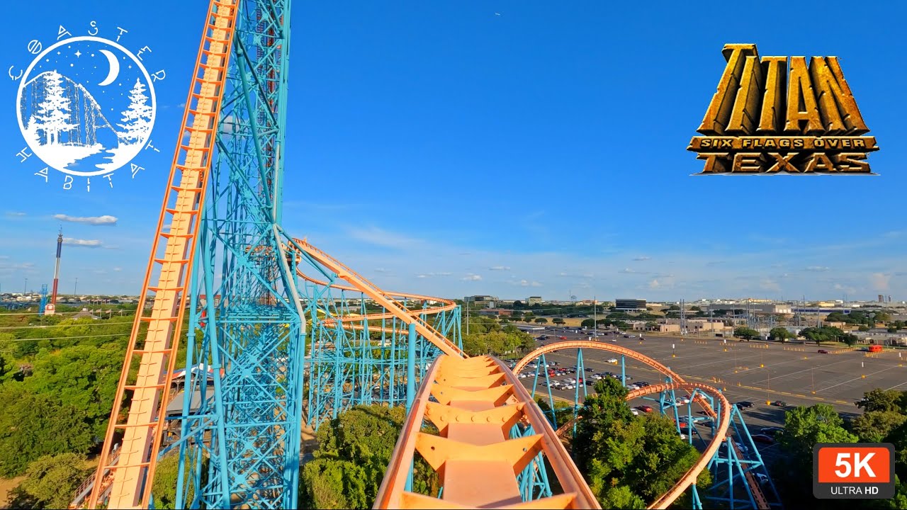 Titan Front Row On Ride POV 5K 60FPS UHD | Giovanola Hyper Coaster | Six Flags Over Texas, Arlington
