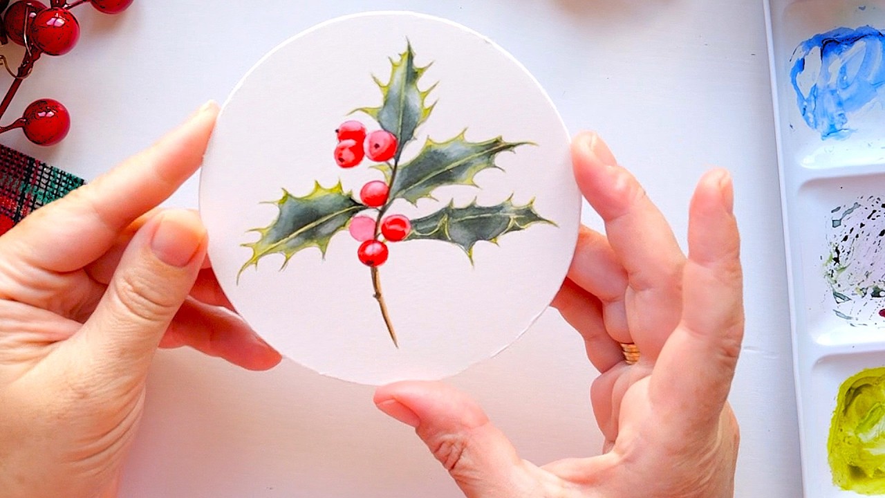 How to Paint Watercolour Holly and Berries for Christmas card