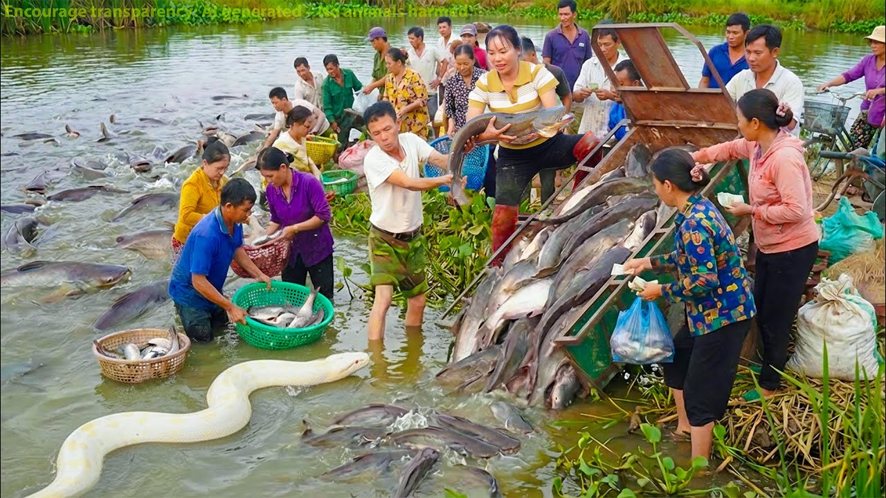Harvesting Tons of Fish in Village Pond – Albino Python Unexpectedly Appears, Causing Chaos!