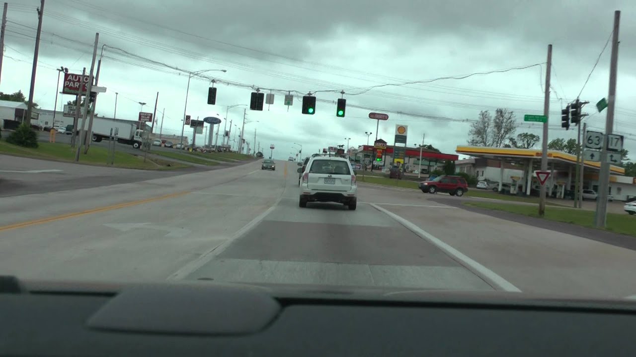 driver view driving through Houston, Missouri on U.S. 63 south on 6/2/13