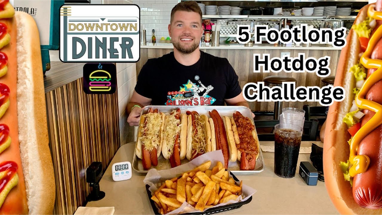 Мужчина против 5 футов сосисок и картофеля фри, 6 фунтов, 20 минут, закусочная в центре города, п...
