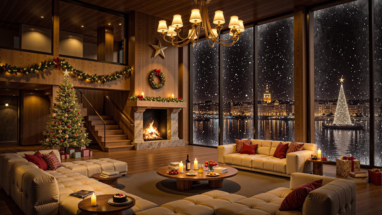 🎶 Elegant Winter Jazz ❄️🔥 Luxury Living Room Fireplace with Peaceful City Night Ambience