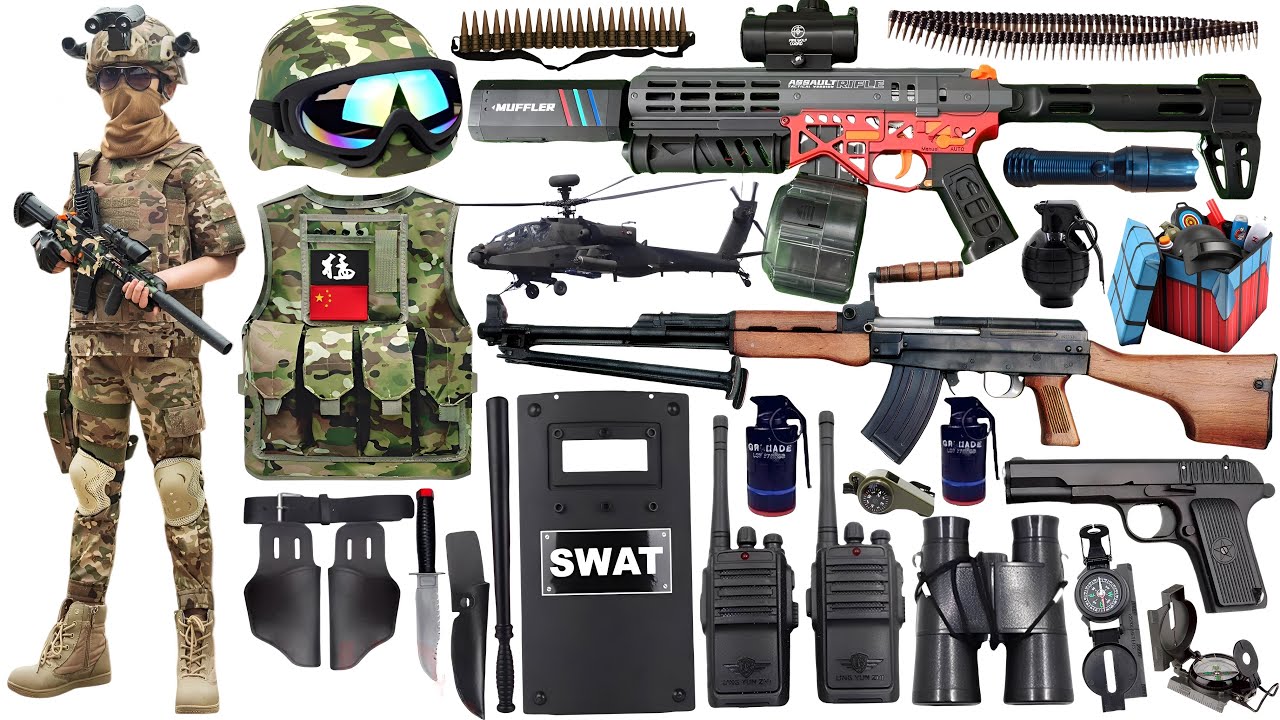 Unboxing of SWAT weapon toy set, including assault rifle, SVD sniper rifle, tactical helmet,Glock