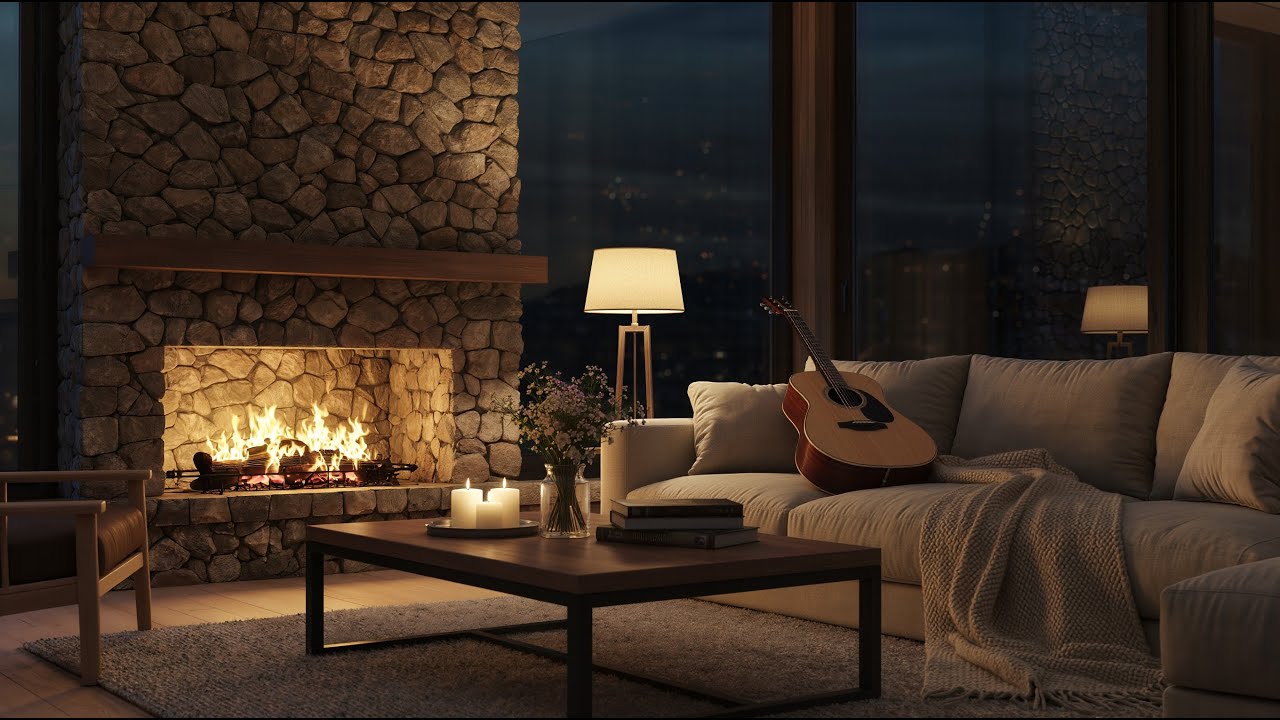 밤-벽난로-음악