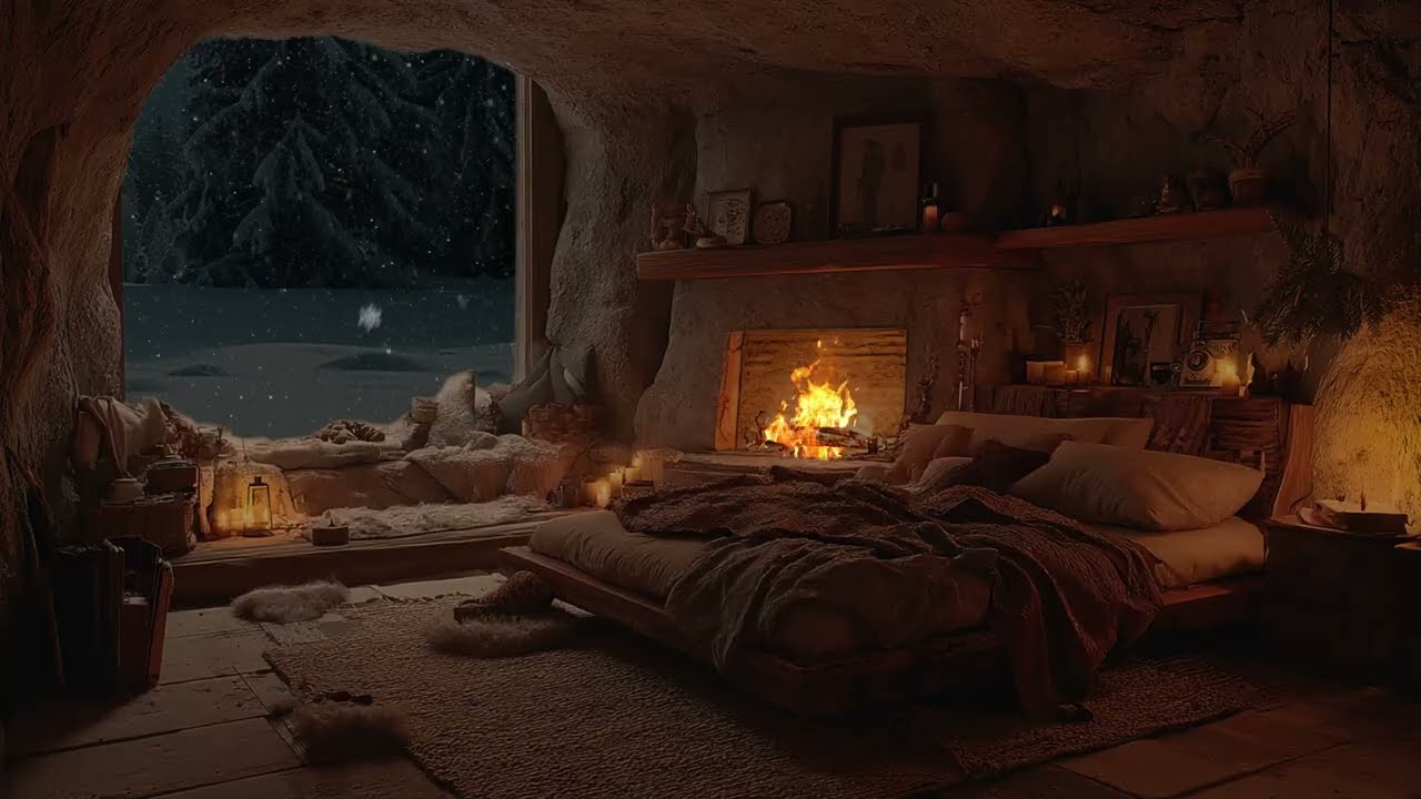 Can’t Fall Asleep in the Cold | Snow Falling Outside and Warm Fireplace for Deep Rest