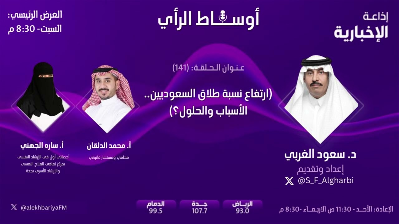ارتفاع نسبة طلاق السعوديين.. الأسباب والحلول؟ | حلقة 141 من برنامج أوساط الرأي - إذاعة الإخبارية