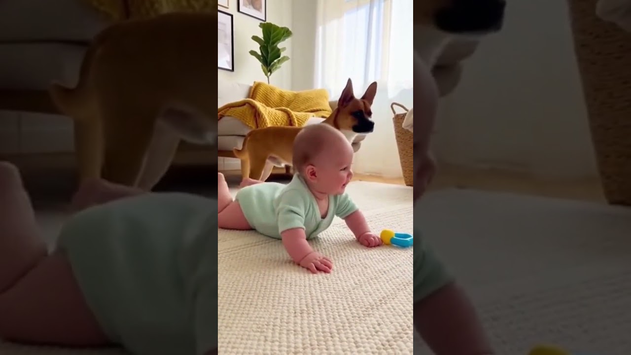 Baby wiggles happily  dog alert  cat retreats quietly  2 🐶🐱👶 