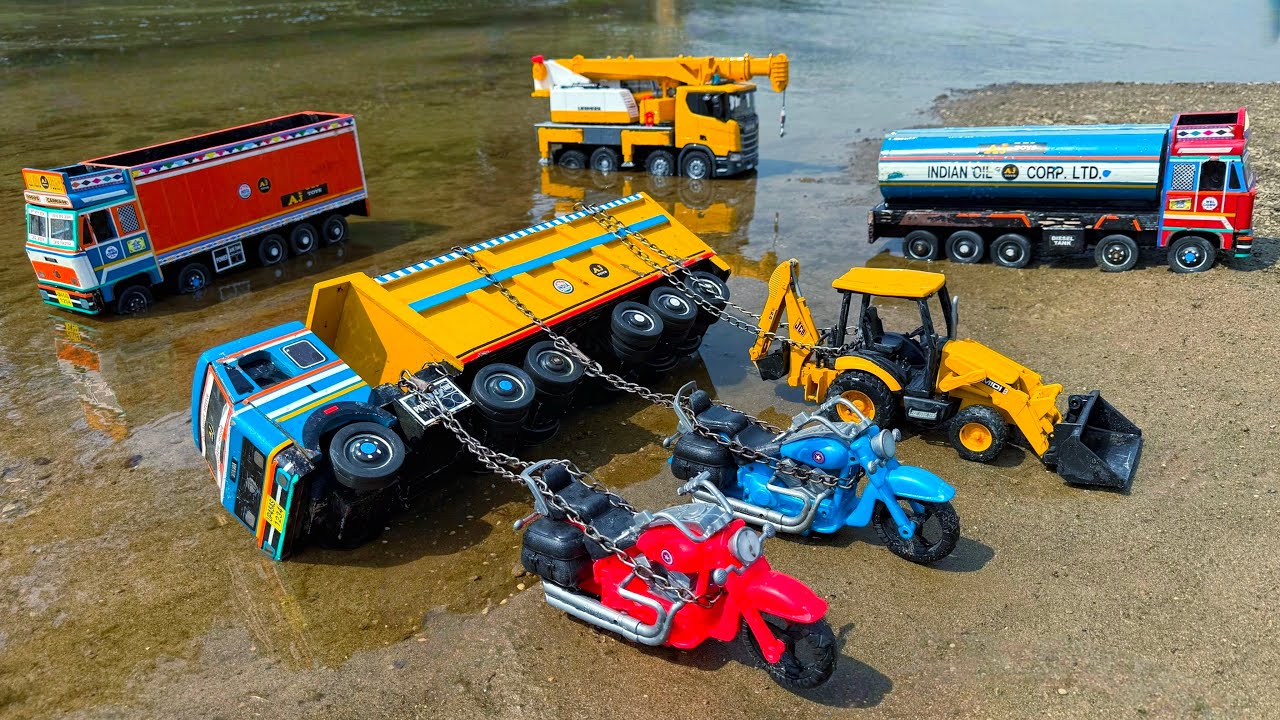 Tractor Jcb Cartoon Video | TATA SIGNA Highway Truck Accident Pulling Out 2 Bike Jcb 3dx | AJ TOYS