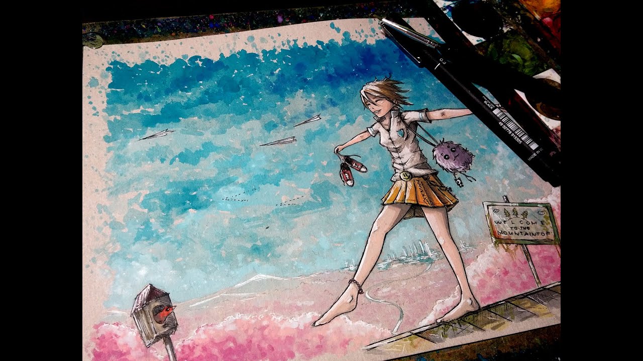Watercolor Time Lapse Painting (+ Ink) - Summer Sky