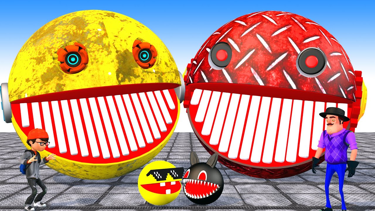 MS PACMAN & GIANT YELLOW ROBOT PACMAN & METAL RED PACMAN VS Mini Cat PACMAN FIGHTING IN POKEMON #1