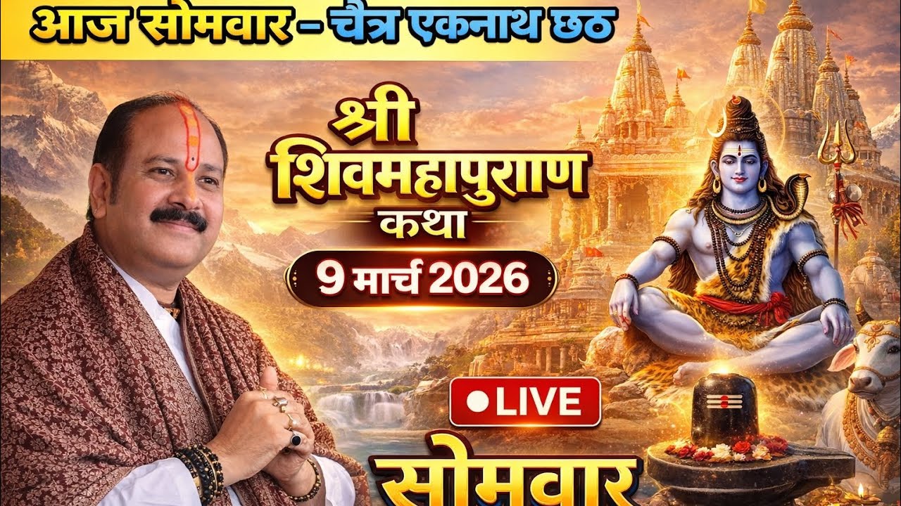 Live 🔴 9 मार्च चित्र कृष्ण पक्ष षष्ठी शिवा महापुराण कथा पंडित प्रदीप मिश्रा। सीहोर ,मध्य प्रदेश#live