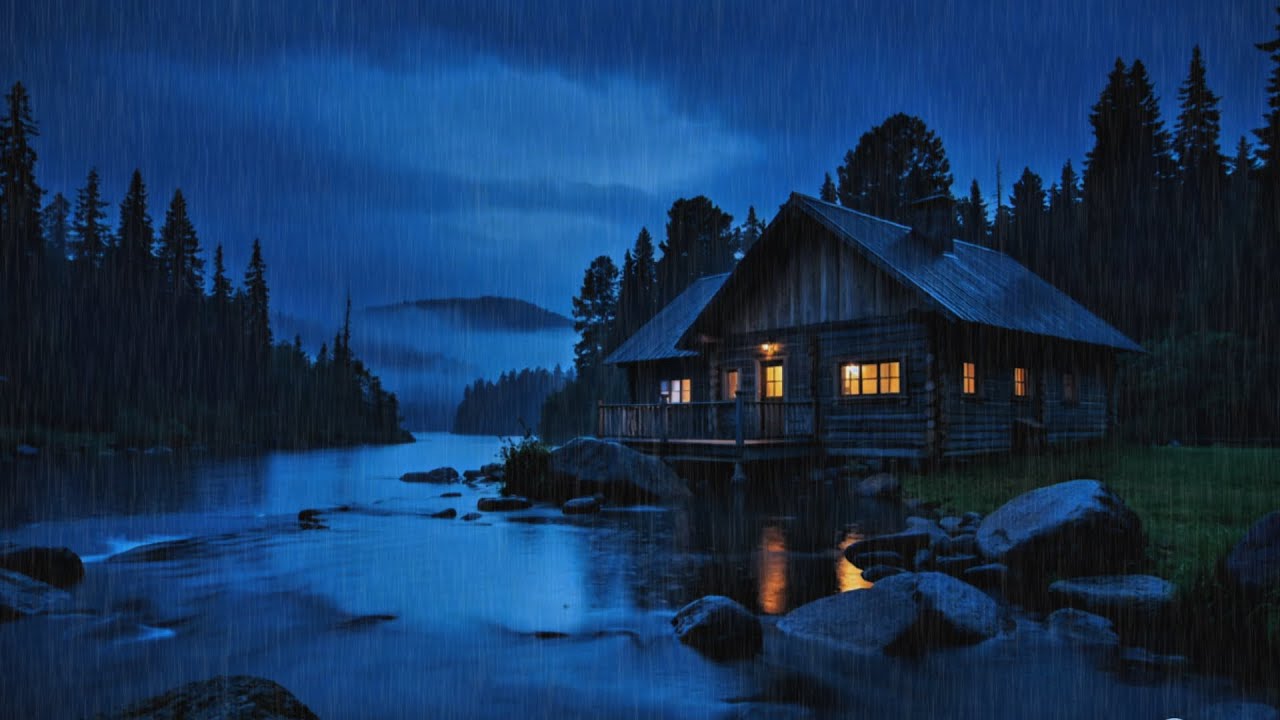 8 Hours of Heavy Rain in a Cozy Riverside Cabin for Anxiety Relief and Sleep