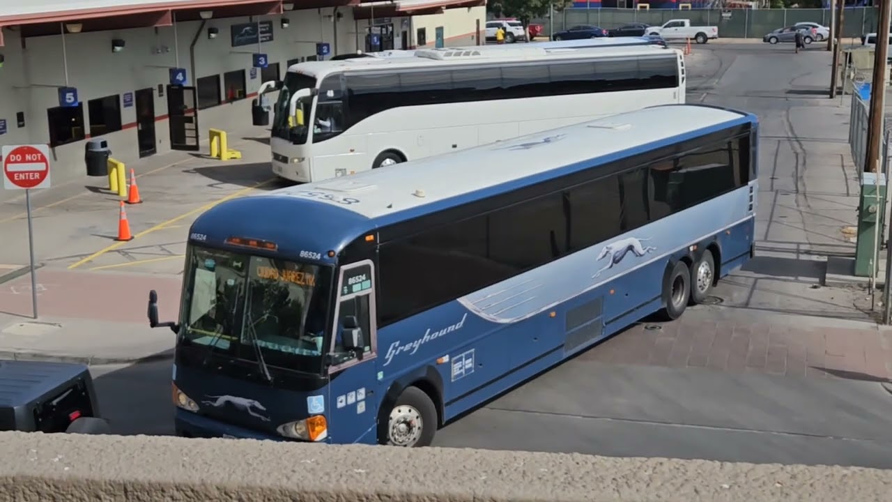 Volvo 9700 and two Greyhound buses at the Greyhound station in downtown El Paso TX 07/29/23