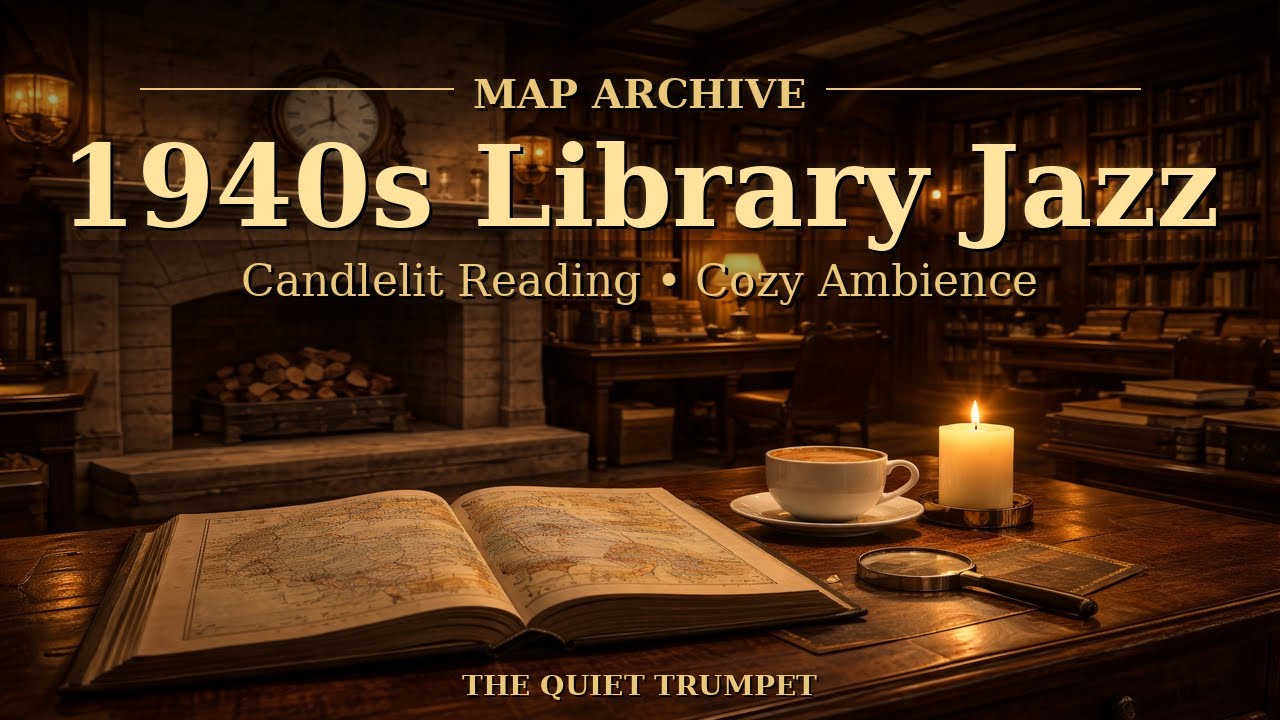 Map Archive—1940s🕰️Vintage Library Jazz |Candlelit Reading & Cozy Study Ambience + Fireplace Crackle