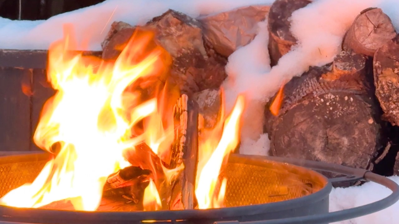 Snowy Backyard Campfire • Crackling Fire in Winter