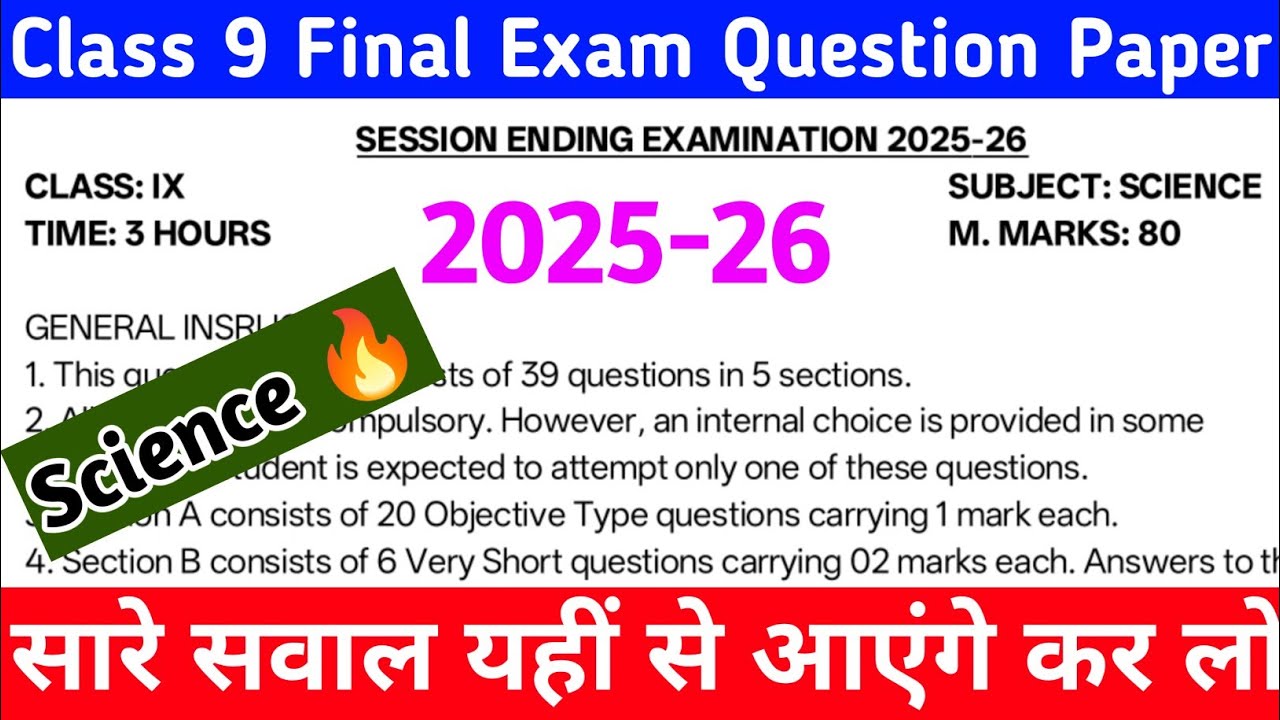 Class 9 Science Annual Exam Question Paper 2025-26 |
