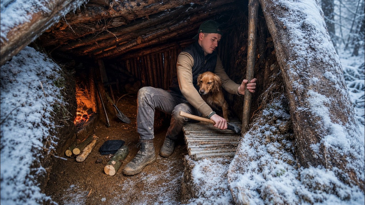 Building a Hidden Winter Shelter Under a Fallen Tree | Bushcraft Survival