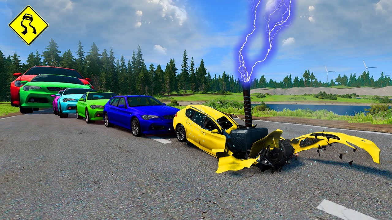 Big and small cars against Thor's Hammer (Mjöllnir) in beamng drive