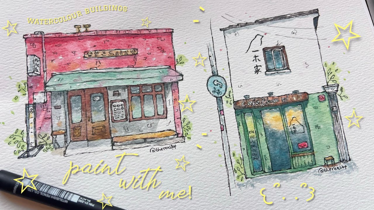 paint with me ☆ cute watercolour buildings! 🥒🍋&zwj;🟩