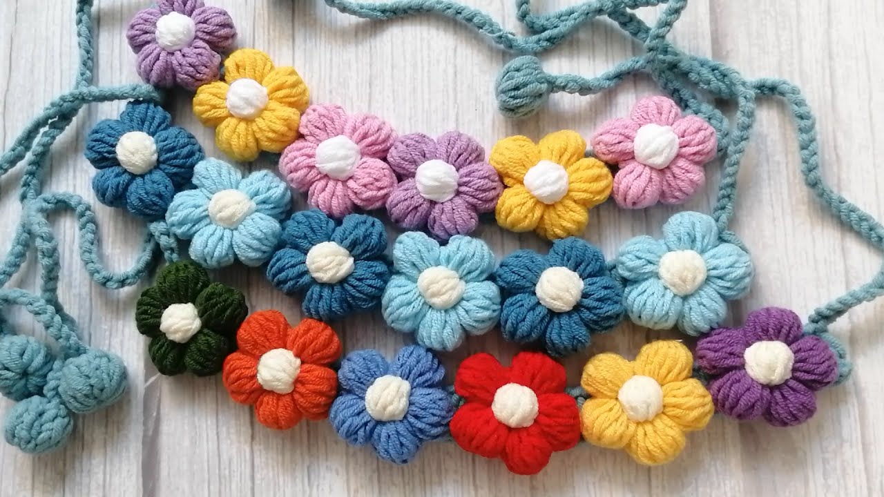 #8 puff flower collar for pet handmade cat collar crochet  tutorial beginner crochet pattern