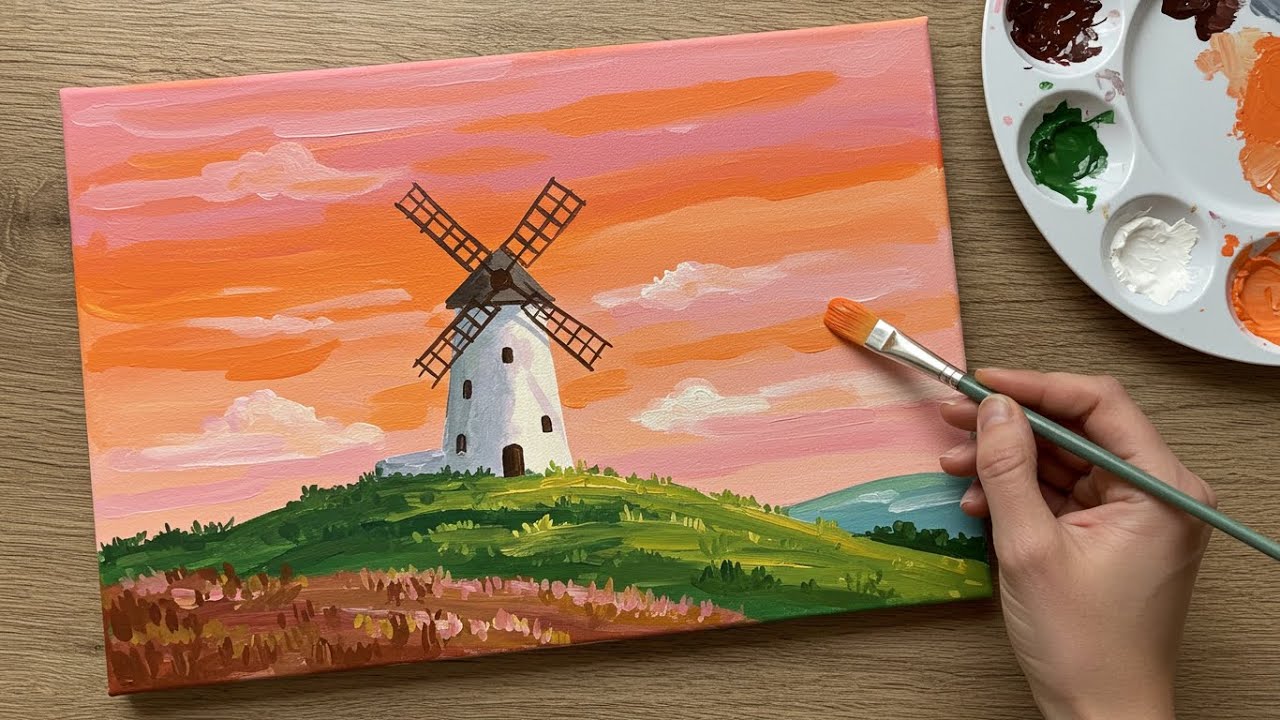 Easy Acrylic Windmill Scene | Easy Acrylic Tutorial