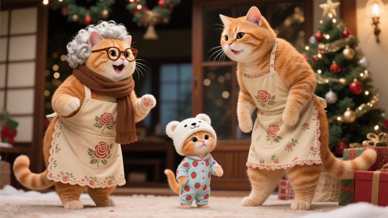 Ginger Kitten and Mama Cat Welcome Grandma Cat to City for a Late Christmas Celebration 🐱❤️🎄