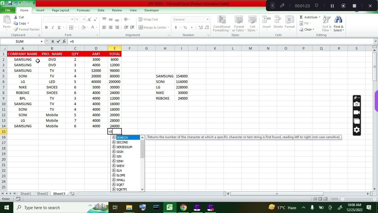 SUM,SUMPRODUCT,SUBTOTAL,FILTER USE VIDIO