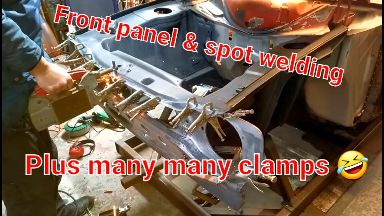 Ford Escort MK1 fitting front panel and spot welding.  Car Restoration.