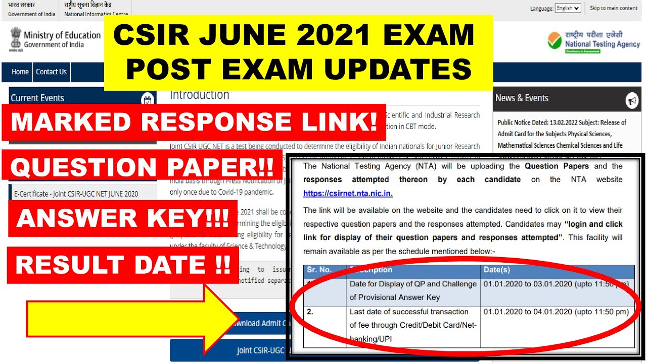 CSIR JUNE 2021 Exam !! Marked response sheet DOWNLOAD!?!Answer key and Result date details updated!!