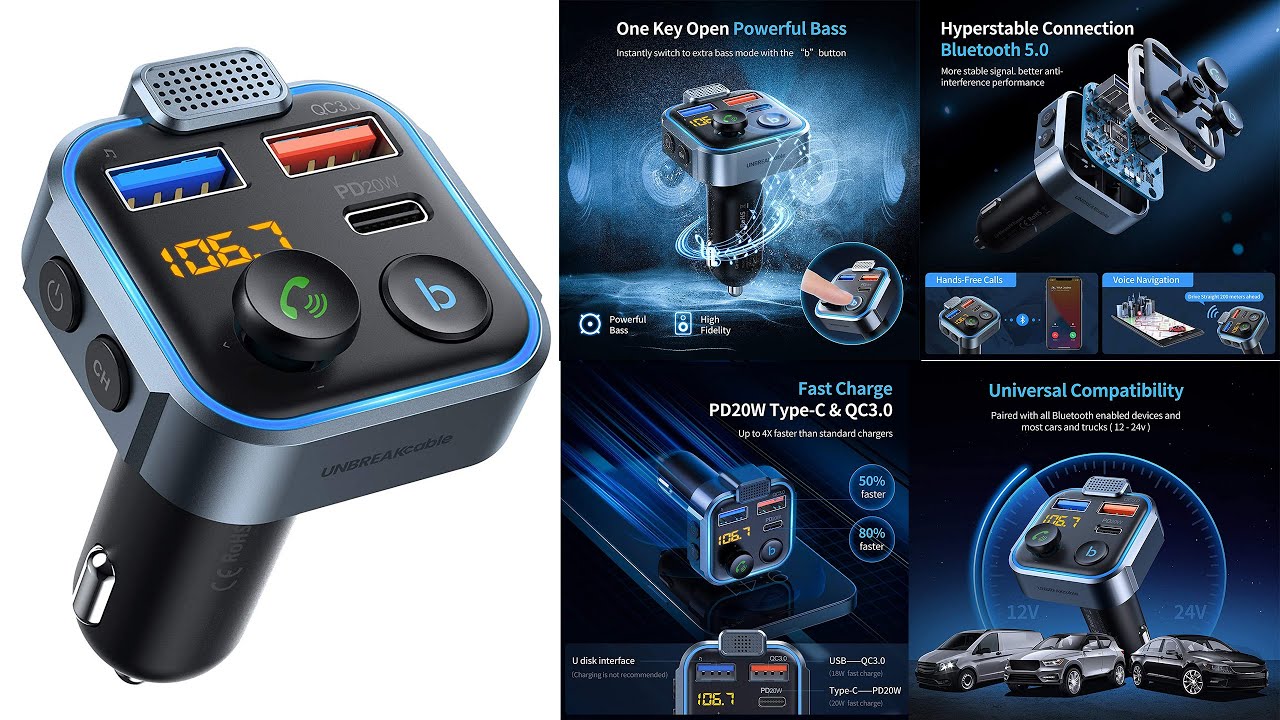 UNBREAKcable Bluetooth FM Transmitter Car Charger With QC3 & Type C PD 20W